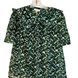 Jungle Tropical Sheer Summer Button-Up Blouse Med See U Soon Peter Pan Collar